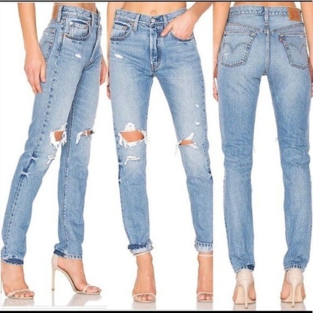 Levis 501 High Rise Button Fly Straight Leg Jean Distressed Blue Size 28